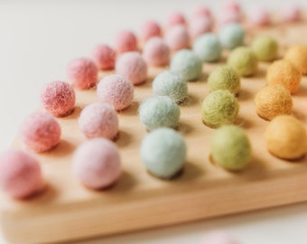 Pastel Wooden Rainbow Sorting Board with Pom Poms and Tongs