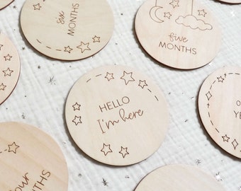 Engraved Wooden Baby Milestone Discs | Celestial Nursery Decor, Moon and stars, Baby announcement