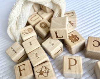 Custom ABC Building Blocks Set - Engraved Wooden Keepsake for New Baby, Christening, Toddler Playroom
