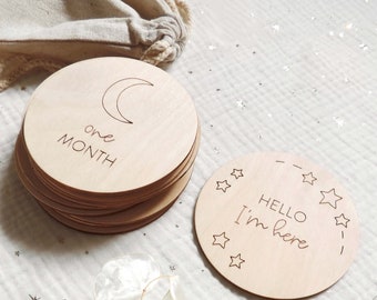 Celestial Baby Milestone Discs | Engraved Birch Wood, Photo Props
