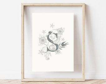 Hand Illustrated Initial Nursery Print | Grey Alphabet Wall Art (A4)
