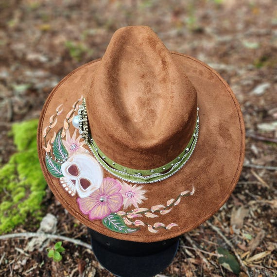 Skull & Floral Hand Painted Tan Vegan Suede Hat Large Skull & Floral Hand Painted Tan Vegan Suede Hat Large - Etsy main image 2