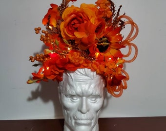 Orange Floral LED Headpiece: Light-Up Festival Crown