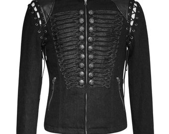May include: A black military-style jacket with a zipper closure, decorative buttons, and lace-up details on the shoulders.