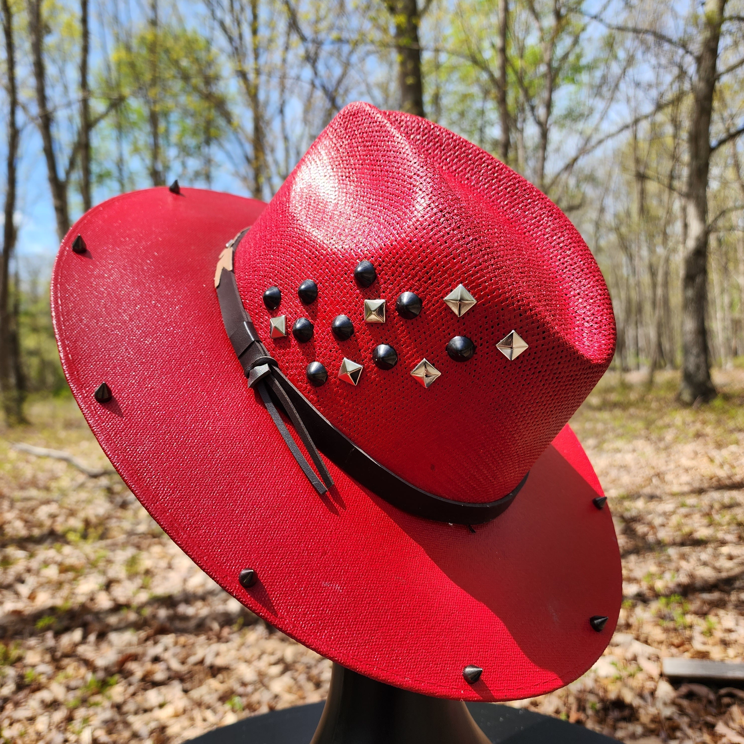 Red Studded Crawling Skeleton Goth Sun Hat Red Studded Crawling Skeleton Goth Sun Hat – Freebird Revolution main image 3