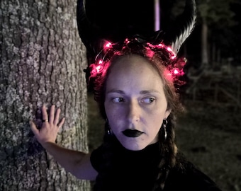 Krampus Horns Headband: Gothic Devil Head Piece with Roses (LED Light-up Option)