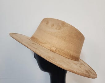 Flat Brim Vegan Suede Fedora: Blank Pyrography Hat