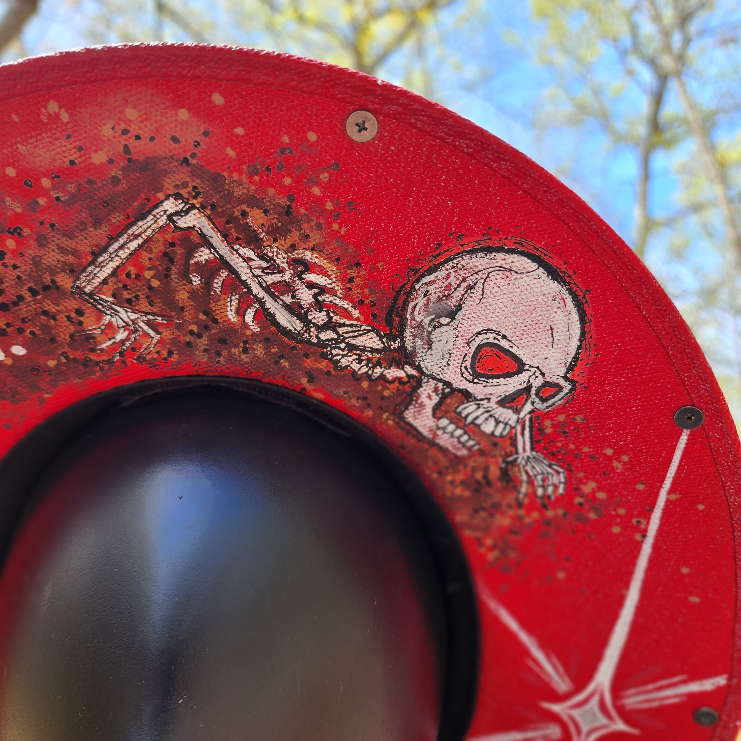 Red Studded Sun Hat: Hand-painted Crawling Skeleton, Goth  display picture 3