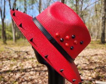 Red Goth Sun & Moon Skull Studded Sun Hat Hand Painted  display picture 2