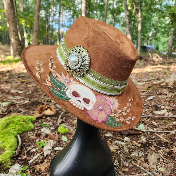 Skull & Floral Hand Painted Tan Vegan Suede Hat Large - Etsy