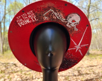 Red Goth Sun & Moon Skull Studded Sun Hat Hand Painted  display picture 3