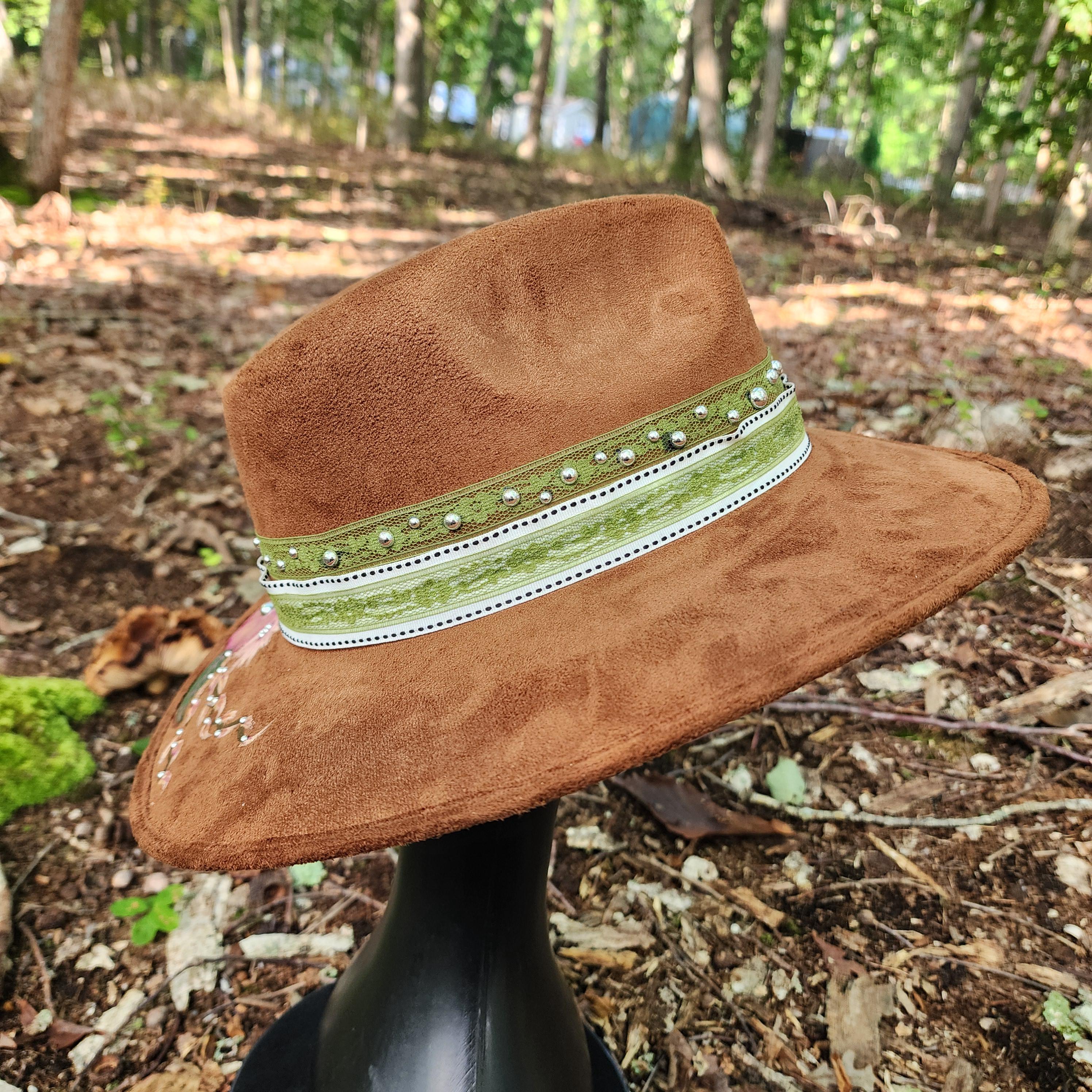 Skull & Floral Hand Painted Tan Vegan Suede Hat Large - Etsy display picture 1