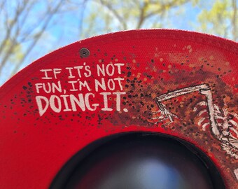 Red Studded Sun Hat: Hand-painted Crawling Skeleton, Goth  display picture 2