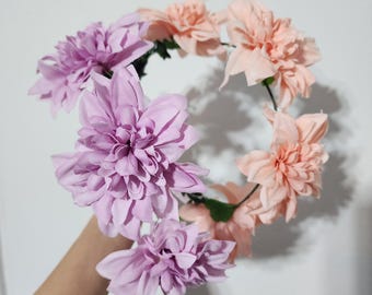 Pink or Purple Flower Crown Hair Wreath Headband Accesory LED Light-Up Dahlia