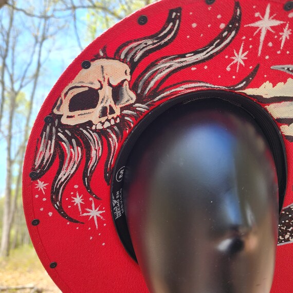 Red Goth Sun & Moon Skull Studded Sun Hat Hand Painted 
