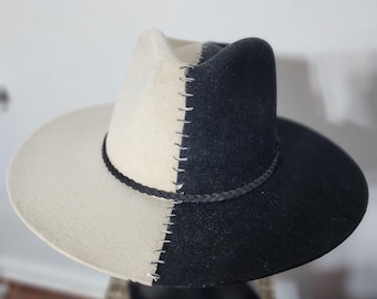 Black & White Wool Flat Brim Hat Half Stitching High Quality Size L