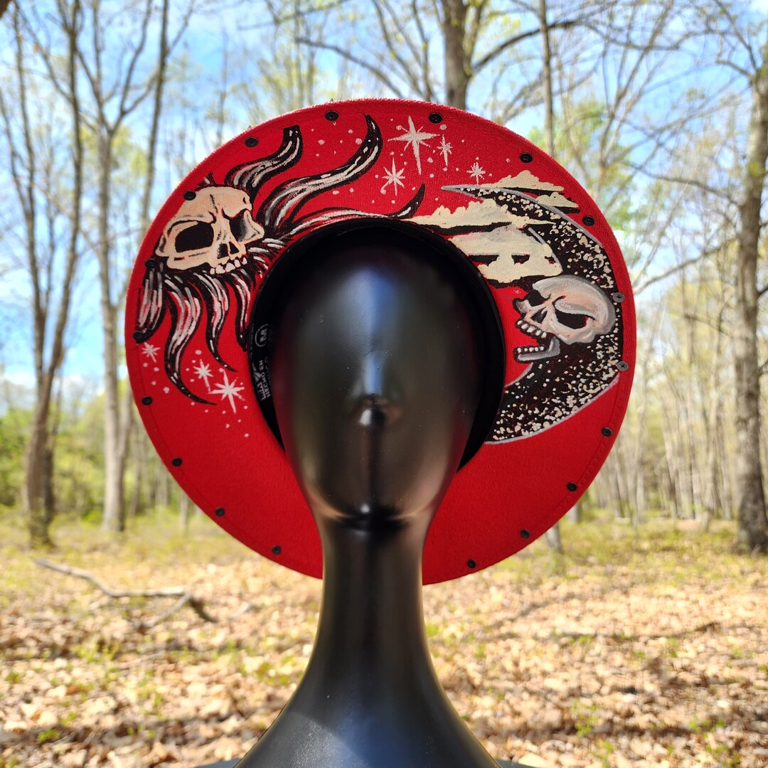 Red Goth Sun & Moon Skull Studded Sun Hat Hand Painted  display picture 3