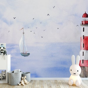 Sea Landscape Lighthouse and Sailboat Wallpaper, Peel and Stick / Non-Pasted Textured Removable Mural