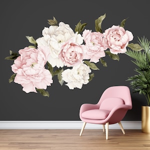 Peel&Stick Peony Bouquet Flowers 20 Piece Soft Pink Peonies and Leaves Removable Self Adhesive Wall Decal Set