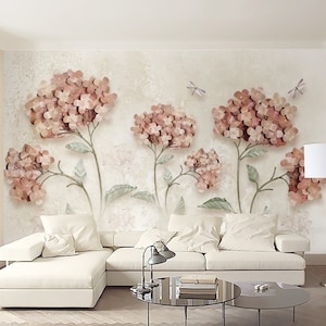 Vintage Floral Soft Hydrangea Flower Wallpaper, Peel and Stick / Non-Pasted Textured Removable Mural