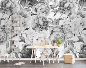 Charcoal Flower Self Adhesive Peel and Stick Monochrome Peony Removable Non-Pasted Textured Wallpaper