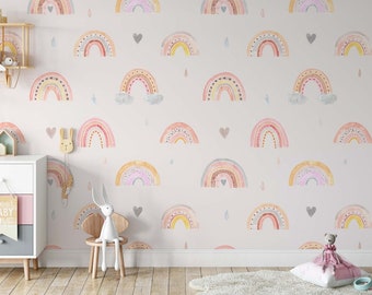 Rain Clouds Hearts Watercolor Rainbow Self Adhesive Peel & Stick Wall Decoration Removable Wallpaper