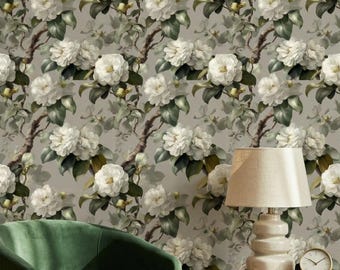 Papel pintado floral tradicional y elegante para pared.