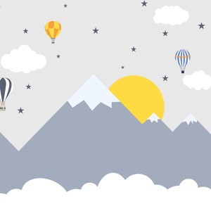May include: A digital illustration of a mountain range with a yellow sun, white clouds, and three hot air balloons in the sky. The sky is light gray with dark gray stars.