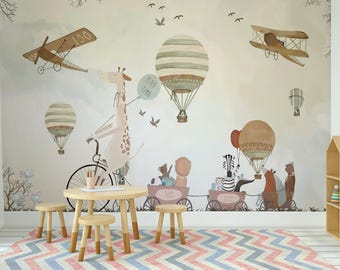 Vintage Hot Air Balloons Self Adhesive Animals Peel and Stick Wall Decoration Non-Pasted Wallpaper