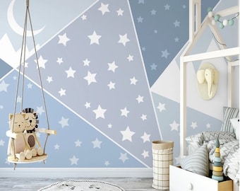 Crescent Moon Mountains Geometric Triangle Shapes Stars Self Adhesive Peel and Stick Wall Sticker Removable Wallpaper