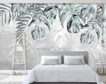 Papel pintado removible de hojas de palma de plátano tropical vintage floral