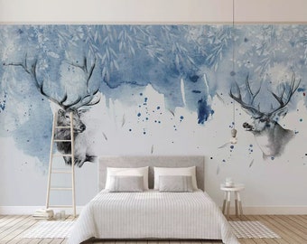 Winterscape Horned Deer Self Adhesive Peel and Stick Wall Sticker Nordic Removable Non-Pasted Textured Wallpaper