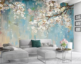 Watercolor Painting Self Adhesive Peel&Stick Wall Mural Peach Blossom Floral Non-Pasted Removable Textured Wallpaper