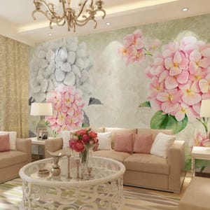 Floral Hydrangea Pink Blossom Self Adhesive Peel and Stick Wall Mural Removable Non-Pasted Wallpaper