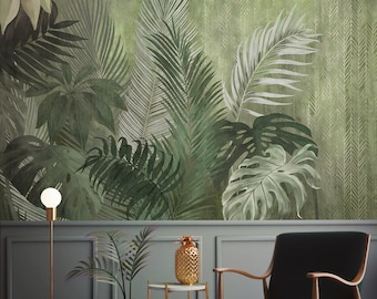 Tropical Monochrome Exotic Leaves Wallpaper, Peel and Stick / Non-Pasted Textured Removable Mural