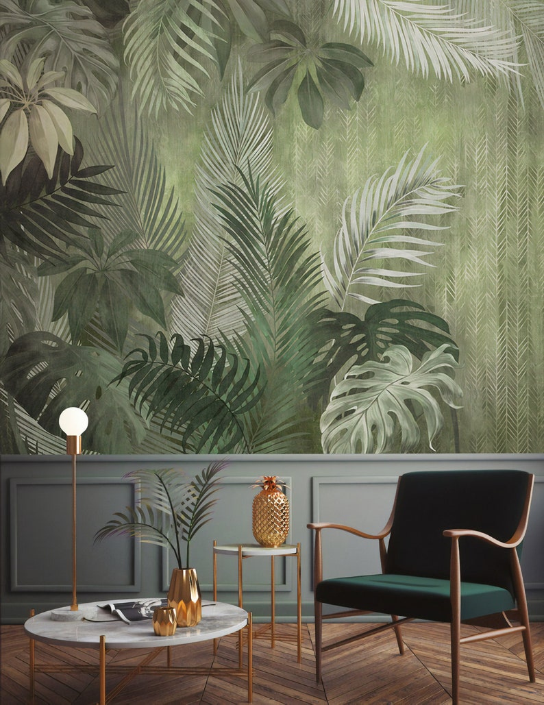 Tropische Monochrome selbstklebende Peel and Stick Wanddekoration Exotische Blätter Nicht-geklebte strukturierte Tapete Bild 1