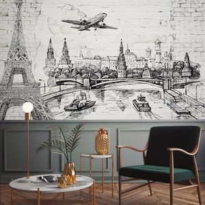 Old Light Brick Peel and Stick Wall Sticker Wall Contours of World Landmarks an Airplane in the Sky Removable Non-Pasted Textured Wallpaper