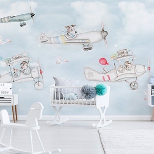 Cartoon Aircraft Sky zelfklevend Peel-and-Stick landschap verwijderbaar, niet-geplakt structuurkinderbehang