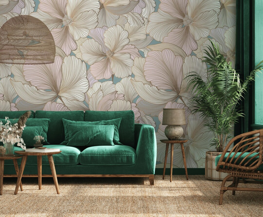 Pink Lotus Floral With Gold Lines Wallpaper, Peel and Stick / Non ...