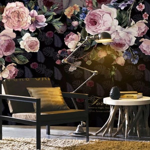 Dark Vintage Pink Floral Feather Pattern Removable Wallpaper