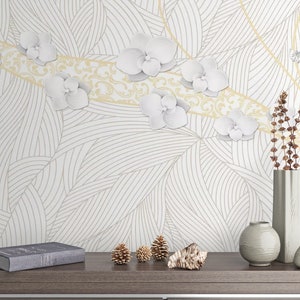 Stripe Pattern Orchid Flower Wallpaper, Peel and Stick / Non-Pasted Textured Removable Mural