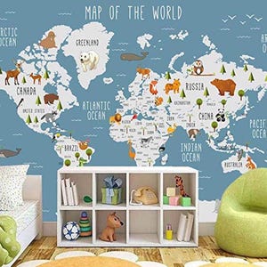 Mural de pared con mapa del mundo azul y dibujos de animales extraíbles