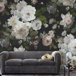 Peony Blossom Floral Self Adhesive Peel and Stick Wall Decor Dark and White Flower Removable Non-Pasted Textured Wallpaper