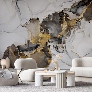Abstract Black & Gold Luxury Fluid Art Painting Wallpaper, Peel and Stick / Non-Pasted Textured Removable Mural