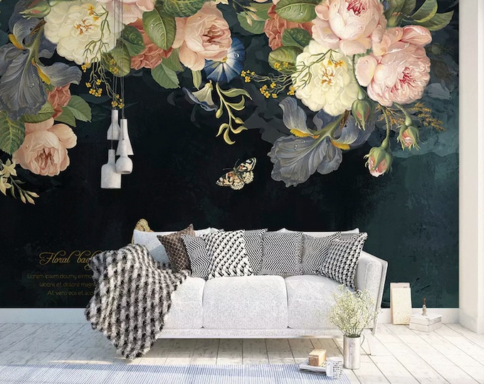 Wallpaper With Peony and Tulip Flowers, Large Black Wall Paper Decor ...