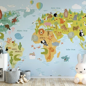 Pegatinas de pared autoadhesivas con diseño de mapa del mundo colorido, despegables y pegables, con textura de animales, papel tapiz extraíble sin pegar