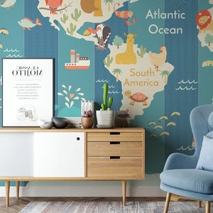 Mapa del mundo colorido con animales lindos, fondo azul, diseño autoadhesivo, arte de pared, papel tapiz texturizado extraíble sin pegar
