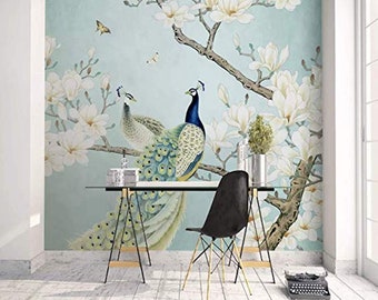 Chinese Peacock Magnolia Removable Wallpaper