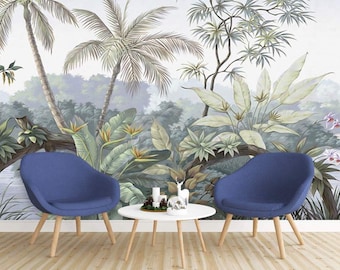 May include: A tropical jungle scene with lush green foliage, palm trees, and a river. Two blue chairs are placed in front of a white coffee table, creating a relaxing and inviting atmosphere.