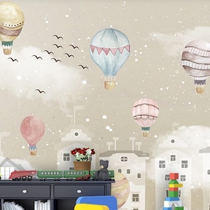 Little Hot Air Balloon Winter Landscape Wallpaper, Peel and Stick / Non-Pasted Textured Removable Mural